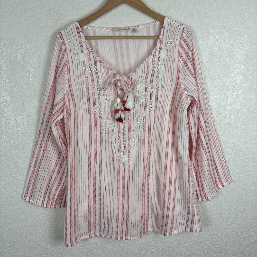 Soft Surroundings Embroidered Women’s Top Size Medium White Red Striped Boho